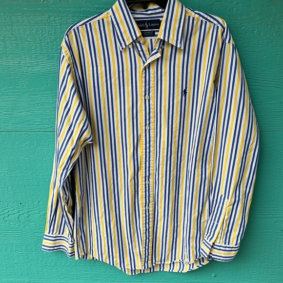 RALPH LAUREN VINTAGE HONG KONG NAVY YELLOW STRIPED BUTTON DOWN SHIRT SZ MEDIUM - Picture 5 of 5